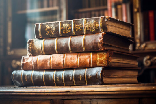 Pila de libros antiguos sobre la mesa de la biblioteca.