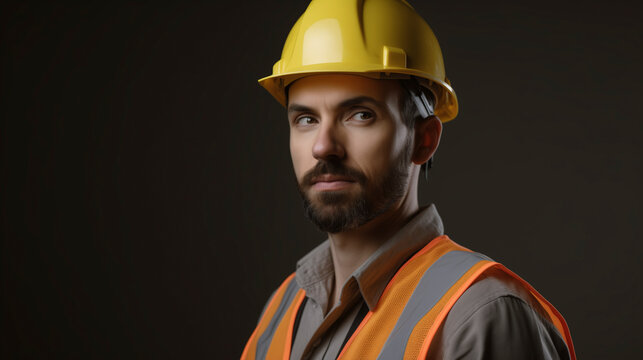 Retrato de trabajador con chaleco reflectante con casco amarillo de seguridad.
