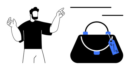 Man pointing at handbag with price tag, indicating importance of product. Ideal for discussions about shopping, retail, fashion, consumer behavior, marketing, branding customer engagement. Simple