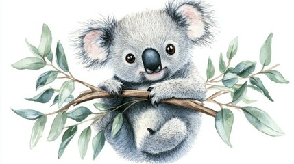 Adorable koala clinging to a eucalyptus branch. Watercolor illustration.