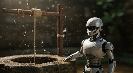 Naklejka premium Reflective Robot at Rustic Well: A Serene Digital Painting