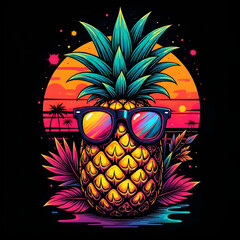 Pineapple with neon sunglasses, IA Generative