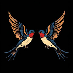 An old-school tattoo-style illustration of two symmetrical swallows with bold outlines, IA Generative
