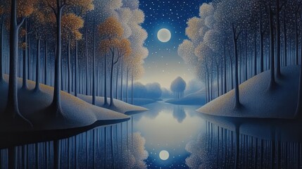 Tranquil Lake Under Starry Sky, Enchanting Moonlit Scene