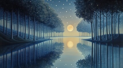 Tranquil Lake Under Starry Sky, Enchanting Moonlit Scene