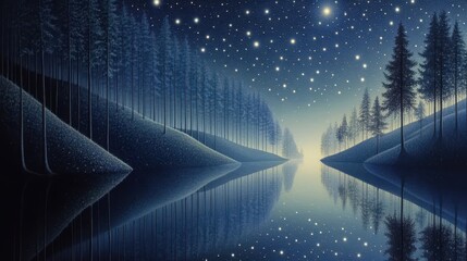 Tranquil Lake Under Starry Sky, Enchanting Moonlit Scene