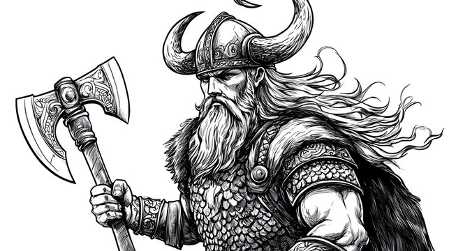 Viking warrior with horned helmet flowing beard and battle axe sketch engraving black and white style