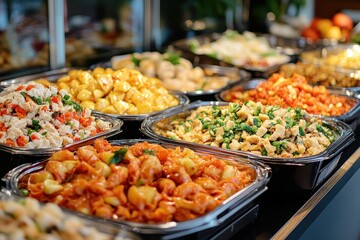 Fototapeta premium Varied buffet dishes in metal trays, close-up. Perfect for illustrating catering, restaurants, or food blogs, shows delicious variety.