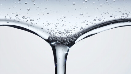 A viscous, clear liquid, possibly gel or syrup, that is dripping from a point. The liquid has numerous tiny bubbles suspended within it, giving it a sparkling appearance