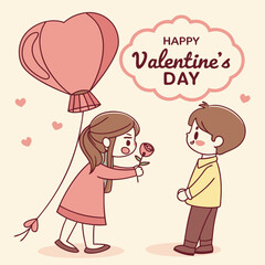 valentine day girl and boy have a rose in hand