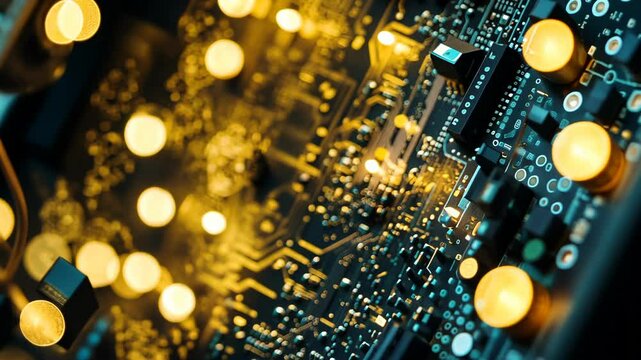 Intricate circuitry with glowing components showcases advanced technology and innovation in microelectronics