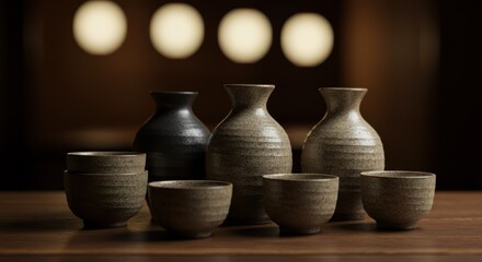 Elegant Sake Set: Textured Ceramic Vessels in Warm Ambient Lighting