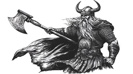 Obraz premium Viking warrior with horned helmet and billowing cape battle axe raised in strong pose black and white scratch board style
