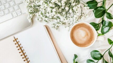 Elegant Workspace with Laptop Flowers and Stationery on Desk