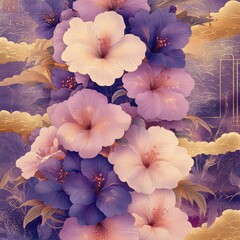 Art Illustration of Purple Flowers with Golden Patterns, A Blend of Elegance and Fantasy