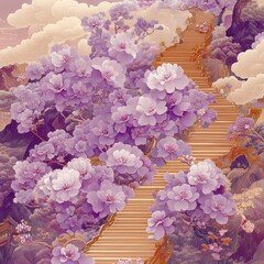 Art Illustration of Purple Flowers with Golden Patterns, A Blend of Elegance and Fantasy