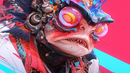 Fototapeta premium Character with oversized head and face showcasing unique facial features and expressions in a colorful background