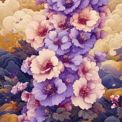 Art Illustration of Purple Flowers with Golden Patterns, A Blend of Elegance and Fantasy