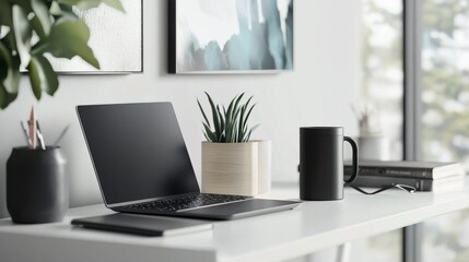 Cozy and Minimalist Home Office Workspace with Laptop and Decor