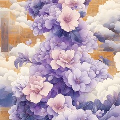 Art Illustration of Purple Flowers with Golden Patterns, A Blend of Elegance and Fantasy