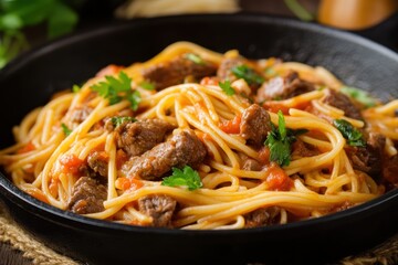 Fried chicken and vegetables with noodles on a plate, fresh and healthy food cooked in a wok