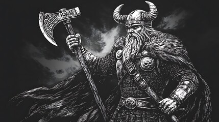 Fototapeta premium Viking warrior with cape and battle axe in hand black and white scratch board illustration with horned helmet
