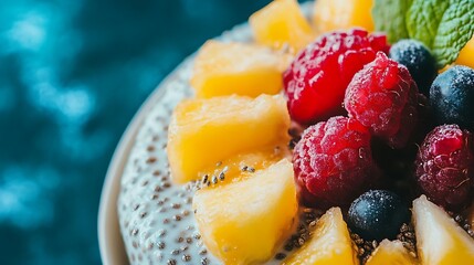 Delicious Chia Seed Pudding with Pineapple Raspberries and Blueberries