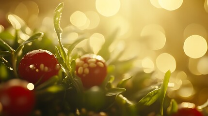 Golden Light Illuminates Red Berries Nestled In Green Leaves