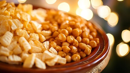 Roasted chickpeas and potato snacks in a bowl