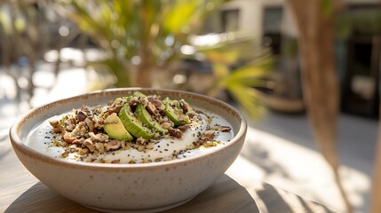 Creamy Yogurt Bowl Topped With Avocado And Nuts