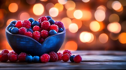 Raspberries and blueberries in a blue bowl on wood