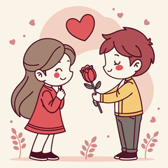 valentine day girl and boy have a rose in hand