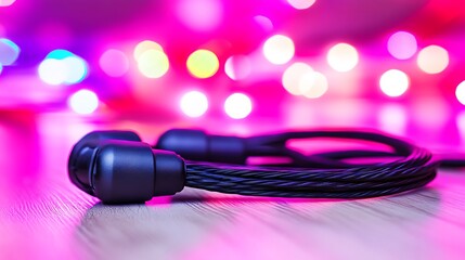 Black Headphones Resting On Wood With Pink Lights