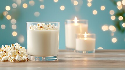 Popcorn Lover Day concept. Candle and popcorn arrangement with a blurred bokeh background creating a warm ambiance.