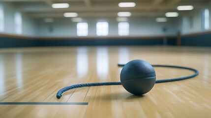 Dark Ball and Rope Resting on Indoor Court Floor