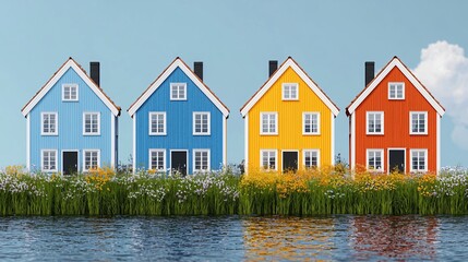 Colorful houses by water, flower meadow, summer day, idyllic scene, real estate