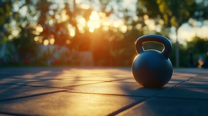 Kettlebell rests on pavement at sunset outdoors