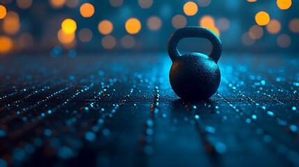Dark Kettlebell Resting On Wet Surface With Bokeh Lights
