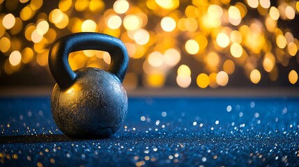 Kettlebell rests on blue glitter with a bokeh background
