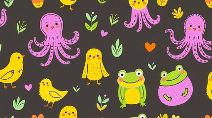 Fototapeta premium A hand-drawn seamless pattern featuring whimsical animals in a children's book style. Animals include a bright yellow chick, a playful purple octopus, and a smiling green frog. The st.