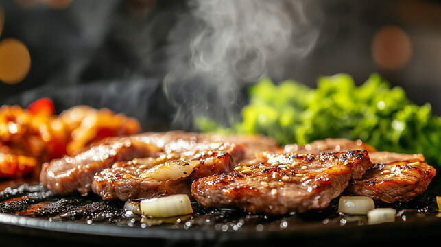 Sizzling samgyeopsal slices on a grill with smoke, garlic, and vegetables