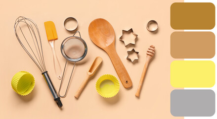 Baking utensils on beige background
