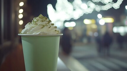Matcha Latte With Whipped Cream At Night