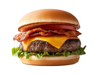 Savor the Ultimate Bacon Cheeseburger: Juicy Beef Patty, Crispy Bacon, Melted Cheese, Fresh Veggies, and Zesty Sauce, All in a Toasted Bun for an Irresistible Flavor Experience!