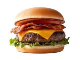 Savor the Ultimate Bacon Cheeseburger: Juicy Beef Patty, Crispy Bacon, Melted Cheese, Fresh Veggies, and Zesty Sauce, All in a Toasted Bun for an Irresistible Flavor Experience!