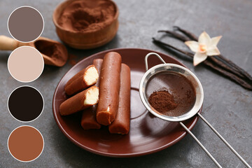 Plate with curd bars and powdered coffee on black grunge background