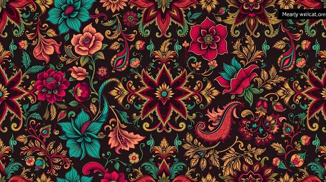 A highly detailed seamless pattern with ornate floral elements and paisley motifs in rich jewel tones such as emerald, ruby, and sapphire, rendered in a vintage style, with a highly de.
