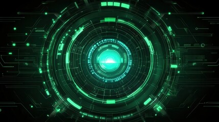 Fototapeta premium Abstract green digital HUD interface, glowing concentric circles and lines. Perfect for tech, futuristic, or science fiction projects needing a modern visual.