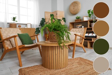 Interior of living room with green plants, wooden table and armchairs. Different color patterns
