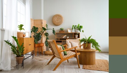 Interior of living room with green plants and wooden furniture. Different color patterns